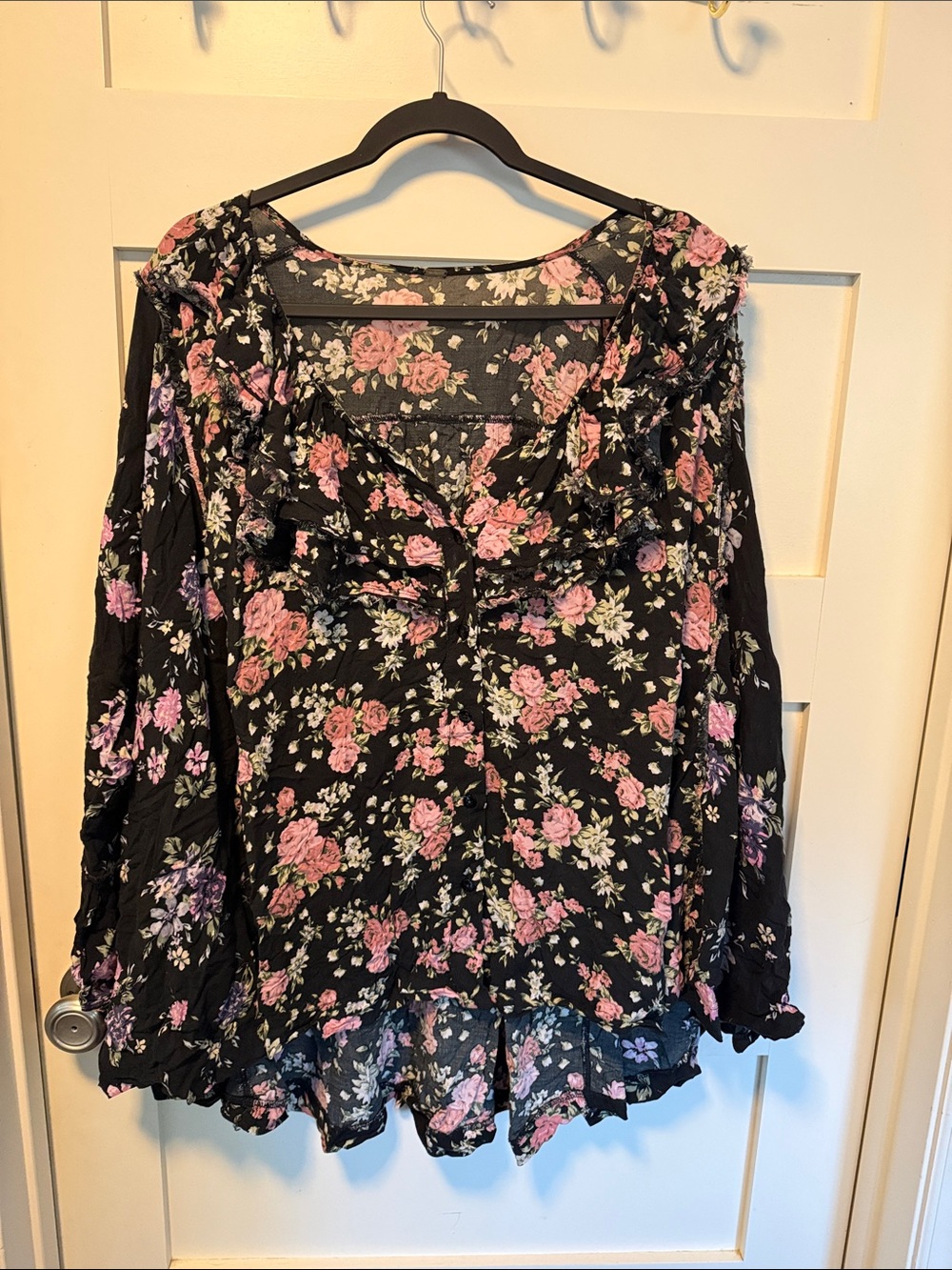 Free People Black and Pink Floral Ruffle Long-Sleeve Women’s Top